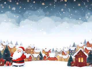 Santa claus and Snow in little town with shiny light for Christmas and New Year holidays background, copy space for text