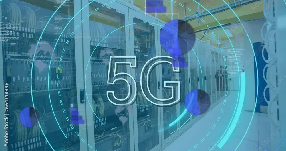 Poster animation of 5g text, round scanners and statistical data processing against computer server room