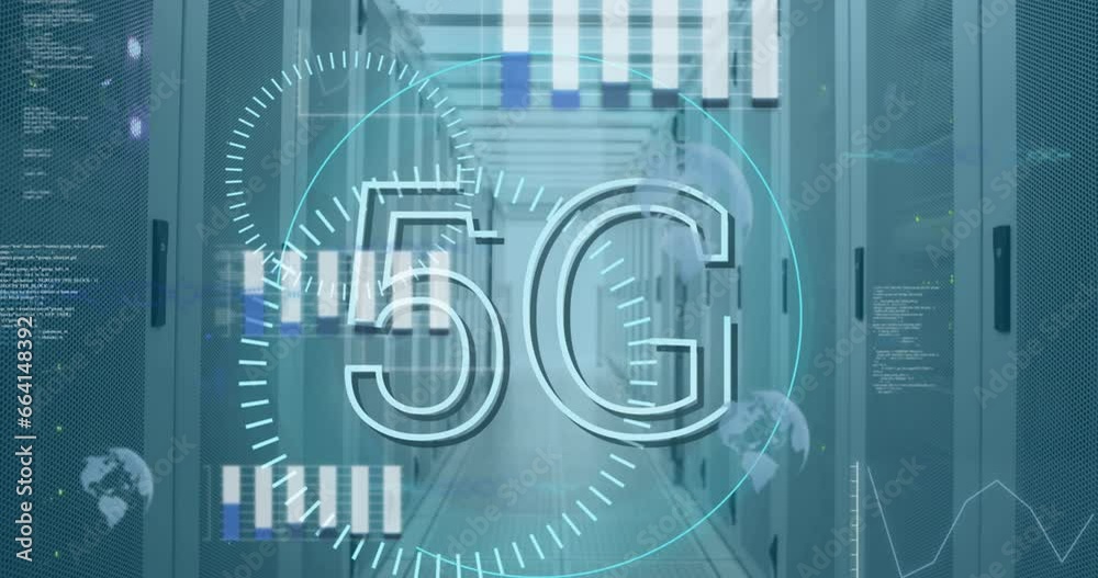 Poster animation of 5g text, round scanners and statistical data processing against computer server room