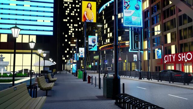 Urban city boulevard at night with cars driving past skyscrapers. Empty metropolitan town with streets illuminated by commercial signs and lamp posts, 3d render animation