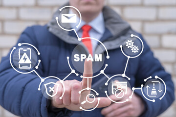 Man using virtual touch screen presses button: SPAM. Spam email internet security concept. Spam,...