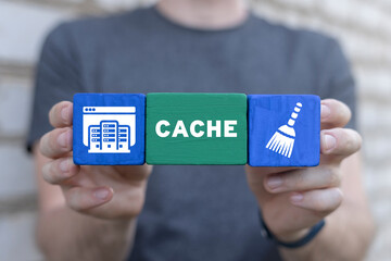 Man holding colorful blocks sees word: CACHE. Cleaning browser from trash files. Deleting documents...