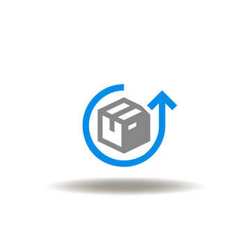 Vector illustration of product packaging box with round arrow back. Icon of delivery return policy.