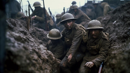 dirty soldiers in the trenches of the first world war. ai generated - obrazy, fototapety, plakaty