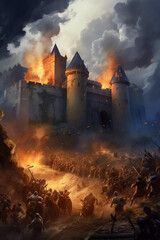 medieval assault on the fortress by knights. ai generated
