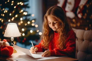 Cute little girl with curly hair sits at the table and writes letter to santa at home. Merry Christmas and Happy New Year concept - obrazy, fototapety, plakaty