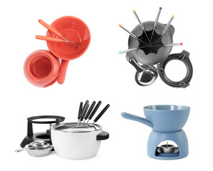 Modern fondue sets isolated on white, collage