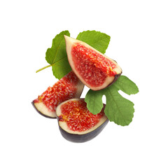 Piece of fresh fig and green leaves falling on white background