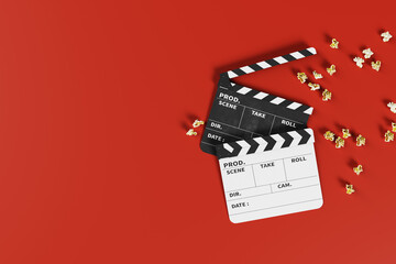 Minimal backdrop with movie clapperboard and popcorn, 3d rendering - obrazy, fototapety, plakaty