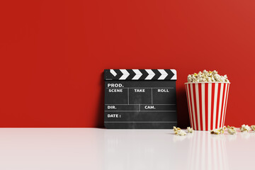 Minimal backdrop with movie clapperboard and popcorn, 3d rendering - obrazy, fototapety, plakaty