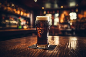 A frothy pint of milk stout beer, served in a traditional pub setting with dimmed lights and rustic wooden furniture, creating an inviting atmosphere - obrazy, fototapety, plakaty