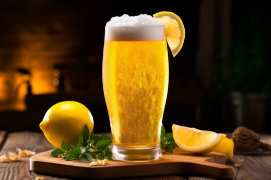 A refreshing glass of traditional Gose beer, served cold with a slice of lemon, on a rustic wooden table in a cozy German pub
