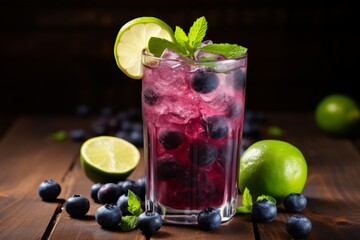 Fototapeta premium A close-up shot capturing the refreshing essence of a glass of chilled blueberry limeade, garnished with fresh lime slices and blueberries