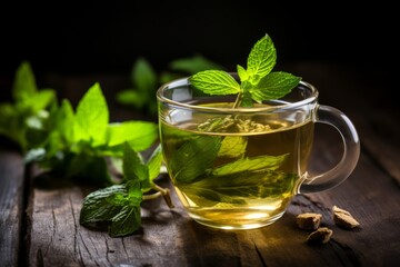 A Warm Cup of Peppermint and Vanilla Tea Steeping on a Rustic Wooden Table, Surrounded by Fresh Peppermint Leaves and Vanilla Pods