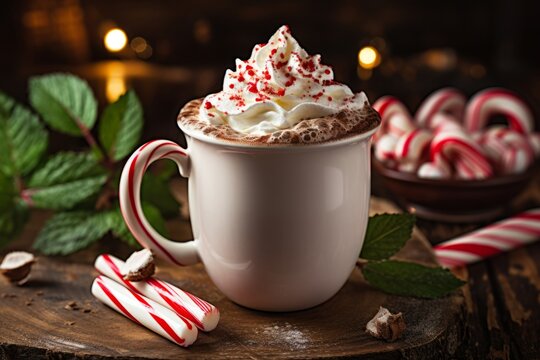 A close-up shot of a steaming mug of peppermint hot cocoa, garnished with whipped cream and sprinkled with crushed candy canes, perfect for a cozy winter evening