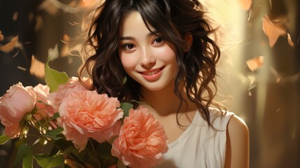Beauty Woman Asian Cute Girl Feel Happy Holding Flower , Background Image ,Desktop Wallpaper Backgrounds, Hd