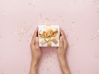 Hands holding gift box on pink background