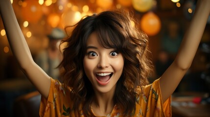 Fototapeta premium Close Up Cheerful Japanese Woman Celebrates Raises, Background Image ,Desktop Wallpaper Backgrounds, Hd