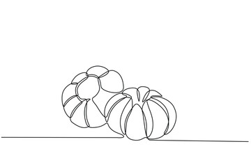 garlic accompanied by garlic slices in continuous line art drawing style. Single line concept of garlic and onion slices in doodle style on white background. Vector