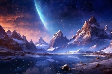 Breathtaking winter panorama with majestic mountains, enchanted forest, icy land, glacier, celestial night, RPG gaming backdrop, mystical gorge, Milky Way. Generative AI