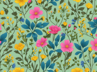 Yellow, pink, and blue wildflower patterns. 