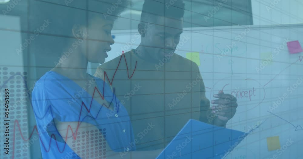 Poster Animation of statistical data processing against diverse man and woman discussing at office