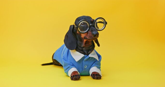 Dachshund dog puppy in school uniform lieson yellow background wearing round glasses of excellent student first-grader with poor eyesight is overtired fro information, tired, adapting to school