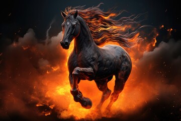 Naklejka na ściany i meble Horse running in the fire background.