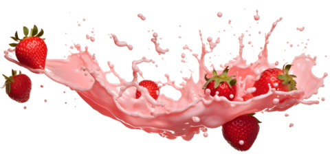 pink milk splash with strawberries isolated on transparent background - healthy, drink, lifestyle, diet design element PBG cutout