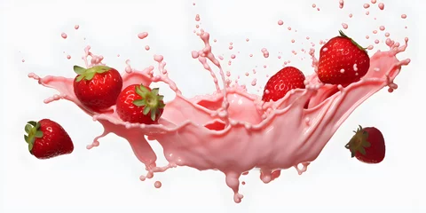 Poster pink milk splash with strawberries isolated on white background © sam