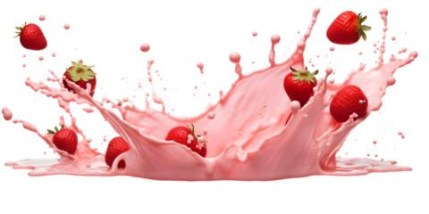 pink milk splash with strawberries isolated on transparent background - healthy, drink, lifestyle, diet design element PBG cutout