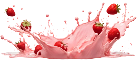 Tuinposter pink milk splash with strawberries isolated on transparent background - healthy, drink, lifestyle, diet design element PBG cutout © sam
