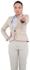 Digital png photo of asian businesswoman pointing with finger on transparent background
