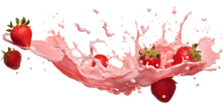 pink milk splash with strawberries isolated on transparent background - healthy, drink, lifestyle, diet design element PBG cutout