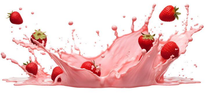 pink milk splash with strawberries isolated on transparent background - healthy, drink, lifestyle, diet design element PBG cutout
