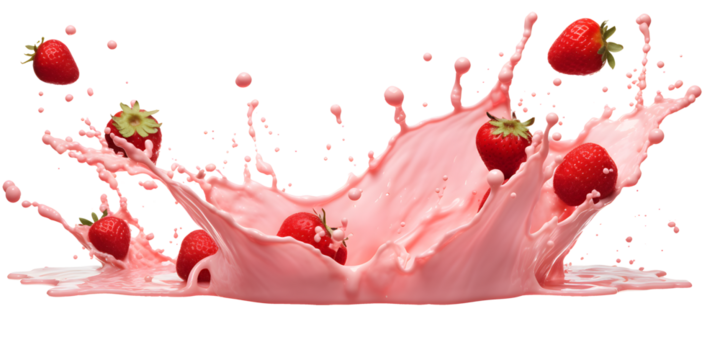 pink milk splash with strawberries isolated on transparent background - healthy, drink, lifestyle, diet design element PBG cutout