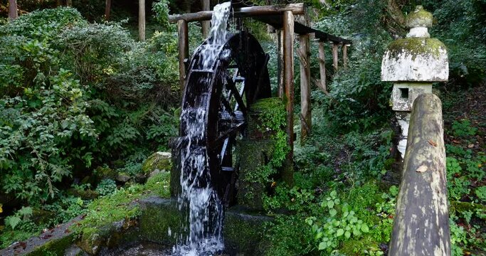 A wooden waterwheel spinning in the forest.