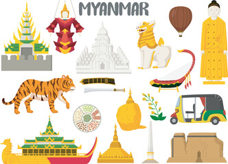 Fototapeta na wymiar Set of Myanmar famous landmarks