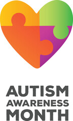 Digital png illustration of autism awareness month text and heart symbol on transparent background