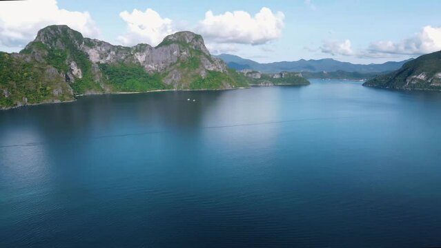 Seascape view of Bacuit bay archipelago islands in El Nido, philippines. Aerial panning