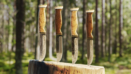 Damascus steel knives made in traditional Finnish style attached to a stumb in a forest. Knife made out of birch wood and bone and copper, 3d illustration. 