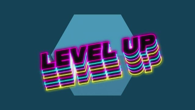 Animation of neon level up text with shadow effect against hexagonal shapes on blue background