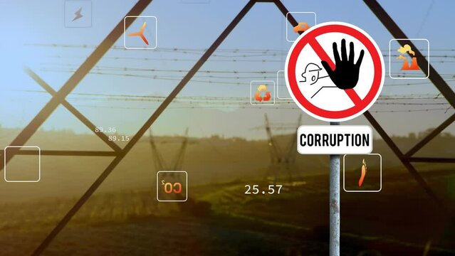 Animation of mutiple digital icons and stop curruption sign board against network towers