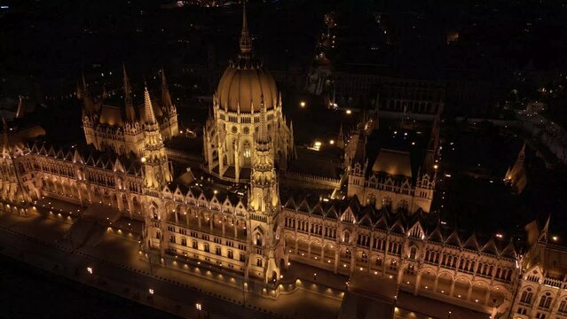 Aerial Pullback Reveals Hungarian Parliament Building, Budapest. Night