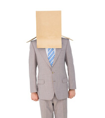 Digital png photo of caucasian businessman with box on head on transparent background