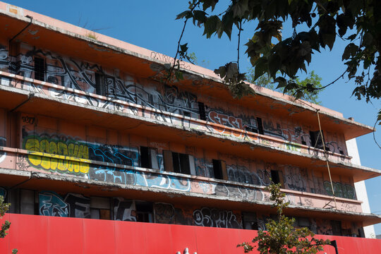 Monterrey, Nuevo Leon. 2023-10-12 Abandoned building with graffiti in the center of Monterrey