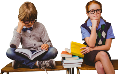 Digital png photo of caucasian schoolboy and schoolgirl with books on transparent background