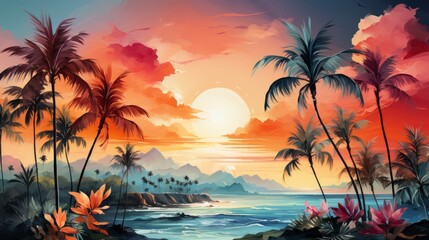 Fototapeta na wymiar Watercolor Colorful Tropical Background, Background Image ,Desktop Wallpaper Backgrounds, Hd