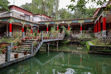 Admire the tranquil allure of Norbulingka Institute's enchanting garden, where colorful Tibetan...