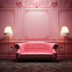 Pink White Interior Design with Long Sofa